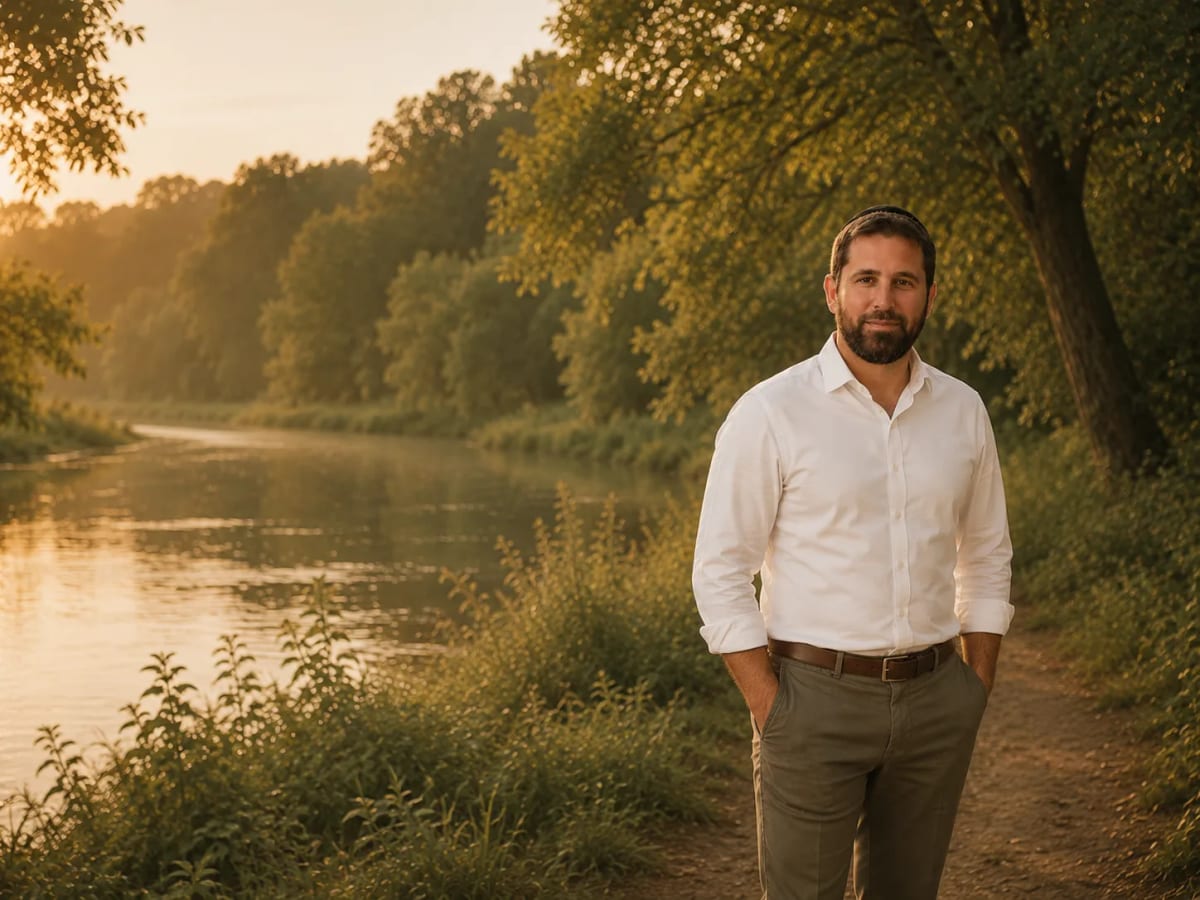 Eli Zians, life coach, standing on a riverside path at golden hour.