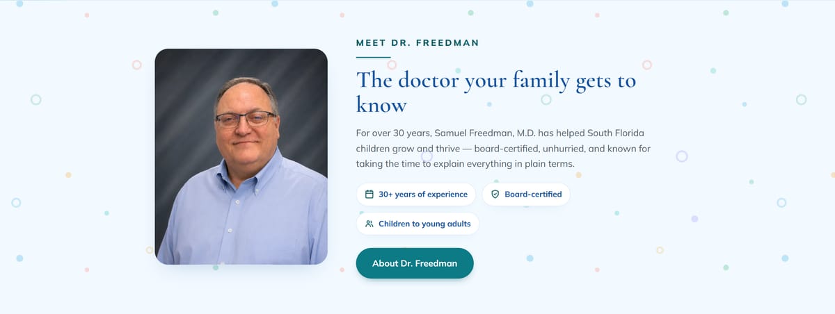 A doctor-introduction section on the live Endocrine Center build, pairing a photograph of the physician with plain-language credentials.