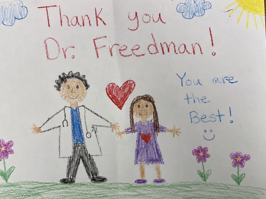 A young patient's hand-drawn thank-you card that reads “Thank you Dr. Freedman! You are the best!”